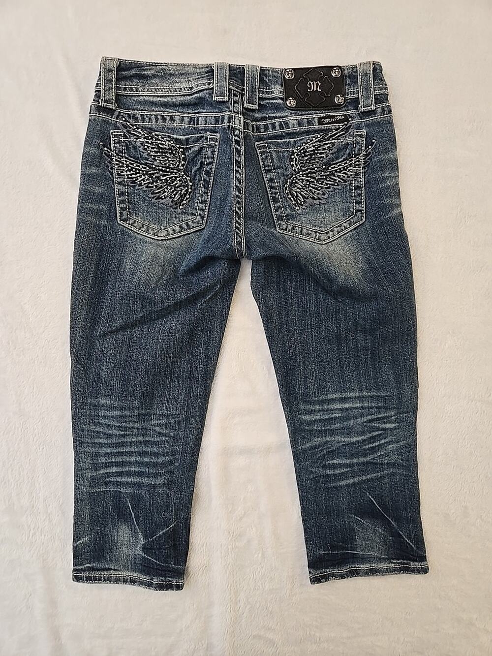 Miss Me Embroidered Angel Wings Denim Capri Pants Womens Sz 28 Y2K Mcbling Fairy